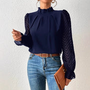 Top de Gasa con Cuello Alto y Patrón de Ondas — Manga Larga para Otoño - QueensalesOF