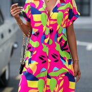 Summer New Fashion Colorful Floral Printed Open Front Short Sleeve Shirt Dress - QueensalesOF