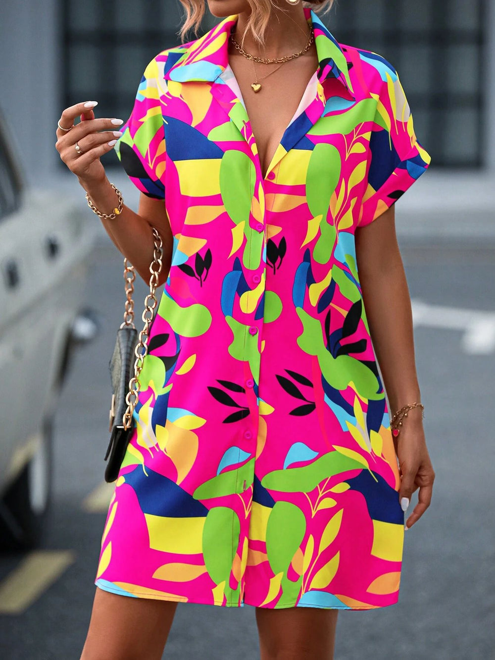 Summer New Fashion Colorful Floral Printed Open Front Short Sleeve Shirt Dress - QueensalesOF