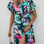 Summer New Fashion Colorful Floral Printed Open Front Short Sleeve Shirt Dress - QueensalesOF
