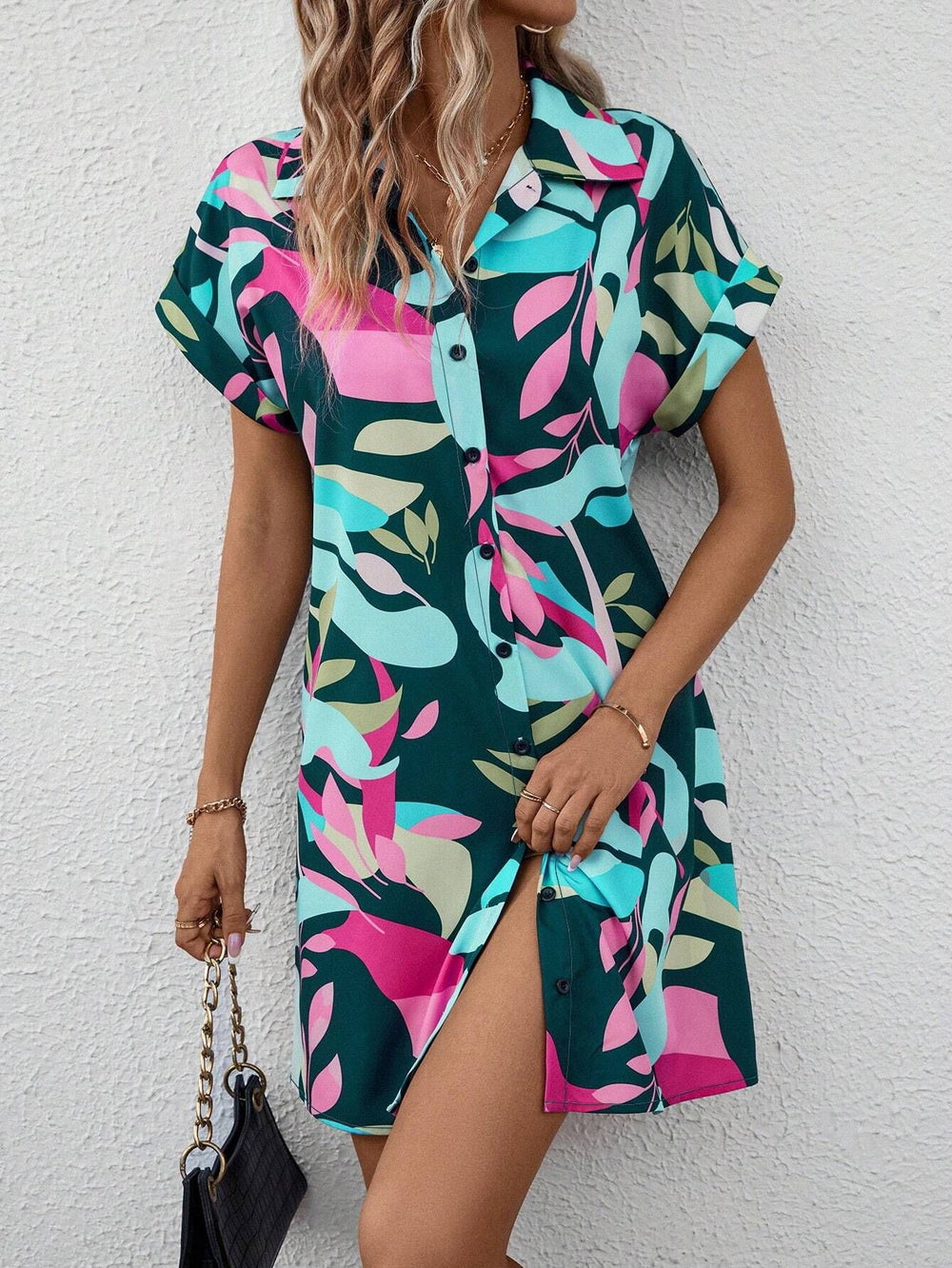 Summer New Fashion Colorful Floral Printed Open Front Short Sleeve Shirt Dress - QueensalesOF