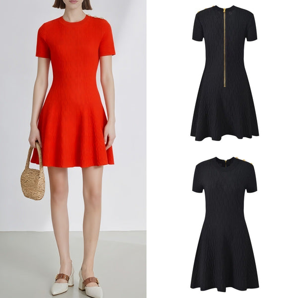 Vestido Casual de Manga Corta — Cuello Redondo, Silueta Tipo A - QueensalesOF