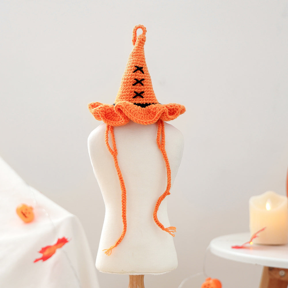 Pet Hair Knit Pumpkin Wizard Hat for Small Dogs and Cats, Halloween Pet Costume, Dog and Cat Hat - QueensalesOF