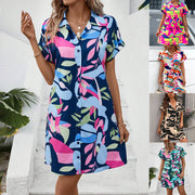 Summer New Fashion Colorful Floral Printed Open Front Short Sleeve Shirt Dress - QueensalesOF