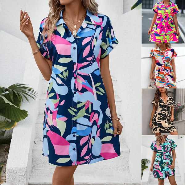 Summer New Fashion Colorful Floral Printed Open Front Short Sleeve Shirt Dress - QueensalesOF