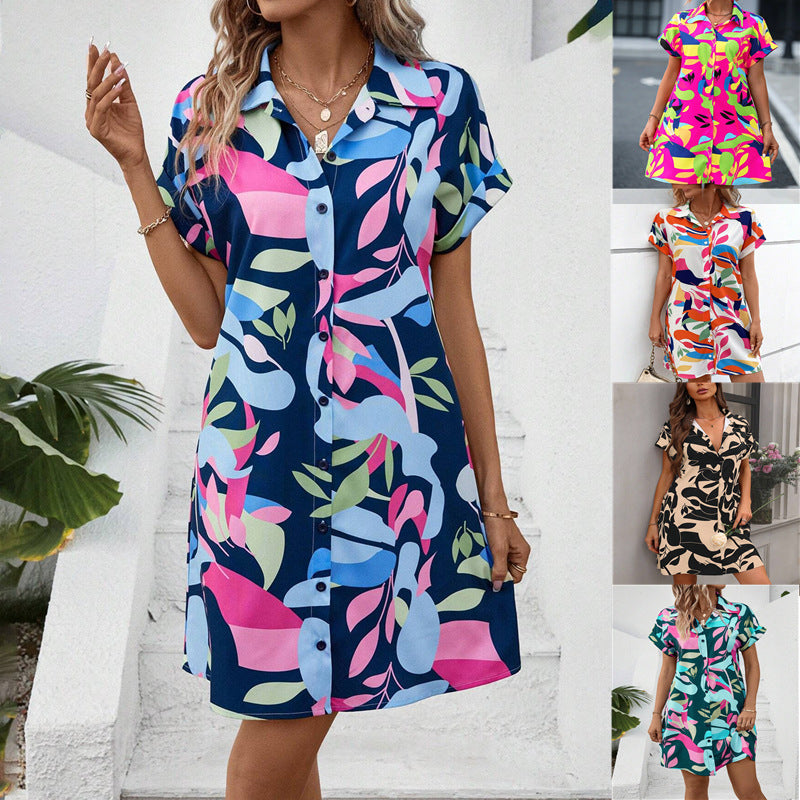 Summer New Fashion Colorful Floral Printed Open Front Short Sleeve Shirt Dress - QueensalesOF