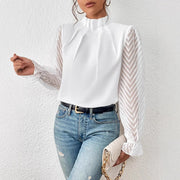 Top de Gasa con Cuello Alto y Patrón de Ondas — Manga Larga para Otoño - QueensalesOF