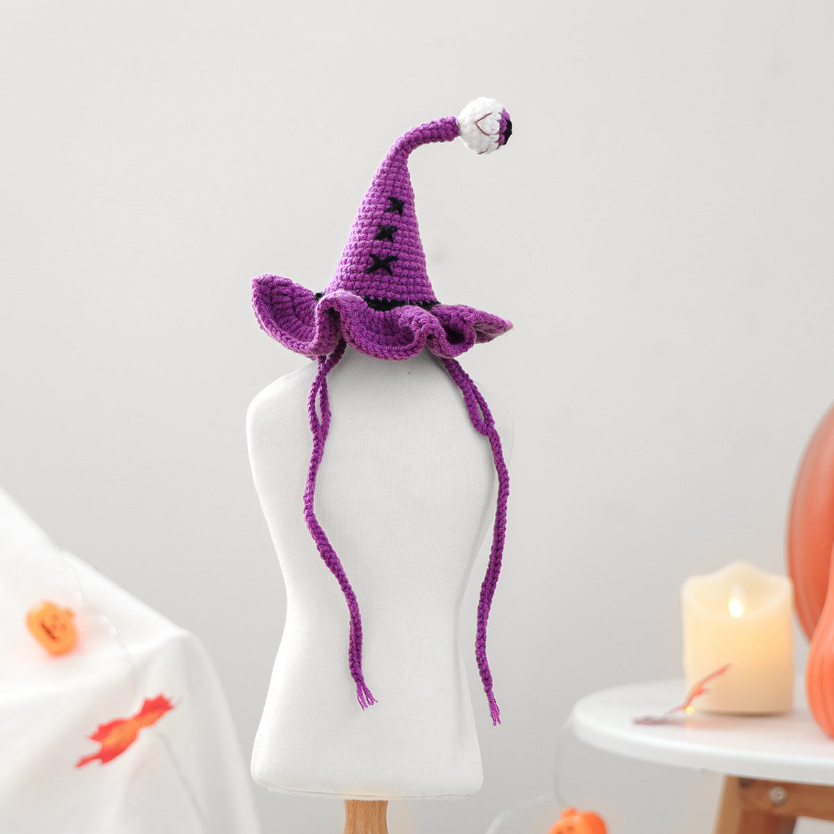 Pet Hair Knit Pumpkin Wizard Hat for Small Dogs and Cats, Halloween Pet Costume, Dog and Cat Hat