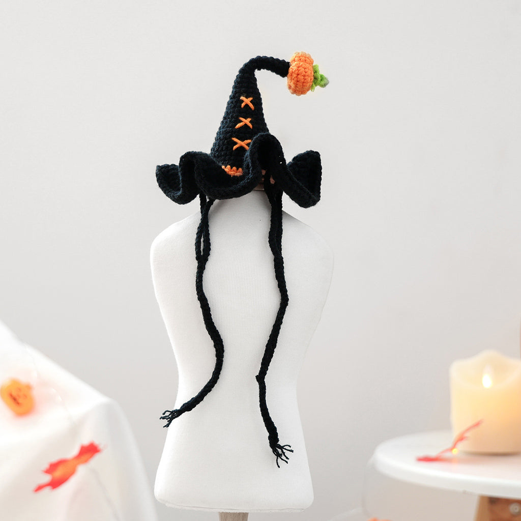 Pet Hair Knit Pumpkin Wizard Hat for Small Dogs and Cats, Halloween Pet Costume, Dog and Cat Hat