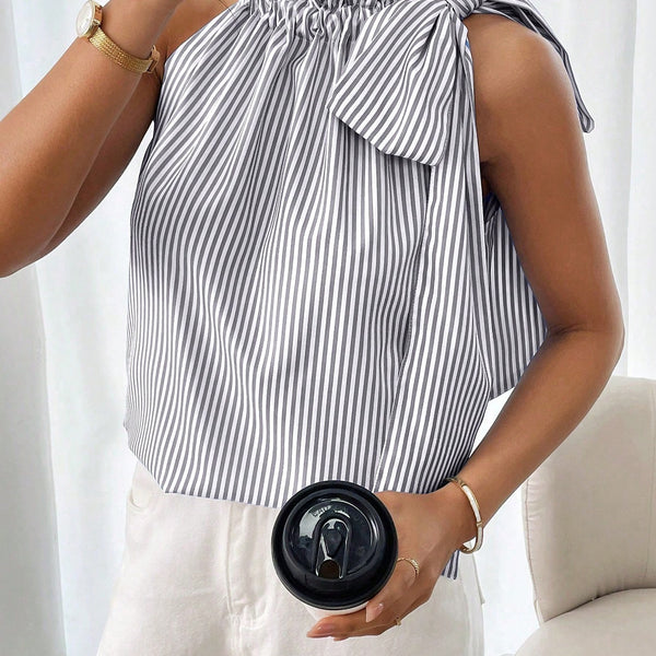 Top Sin Mangas con Rayas y Encaje — Cuello Alto con Nudo - QueensalesOF