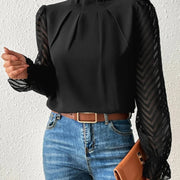 Top de Gasa con Cuello Alto y Patrón de Ondas — Manga Larga para Otoño - QueensalesOF