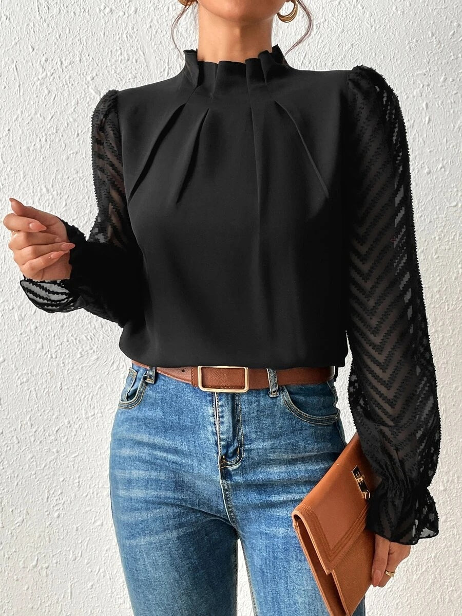 Top de Gasa con Cuello Alto y Patrón de Ondas — Manga Larga para Otoño - QueensalesOF