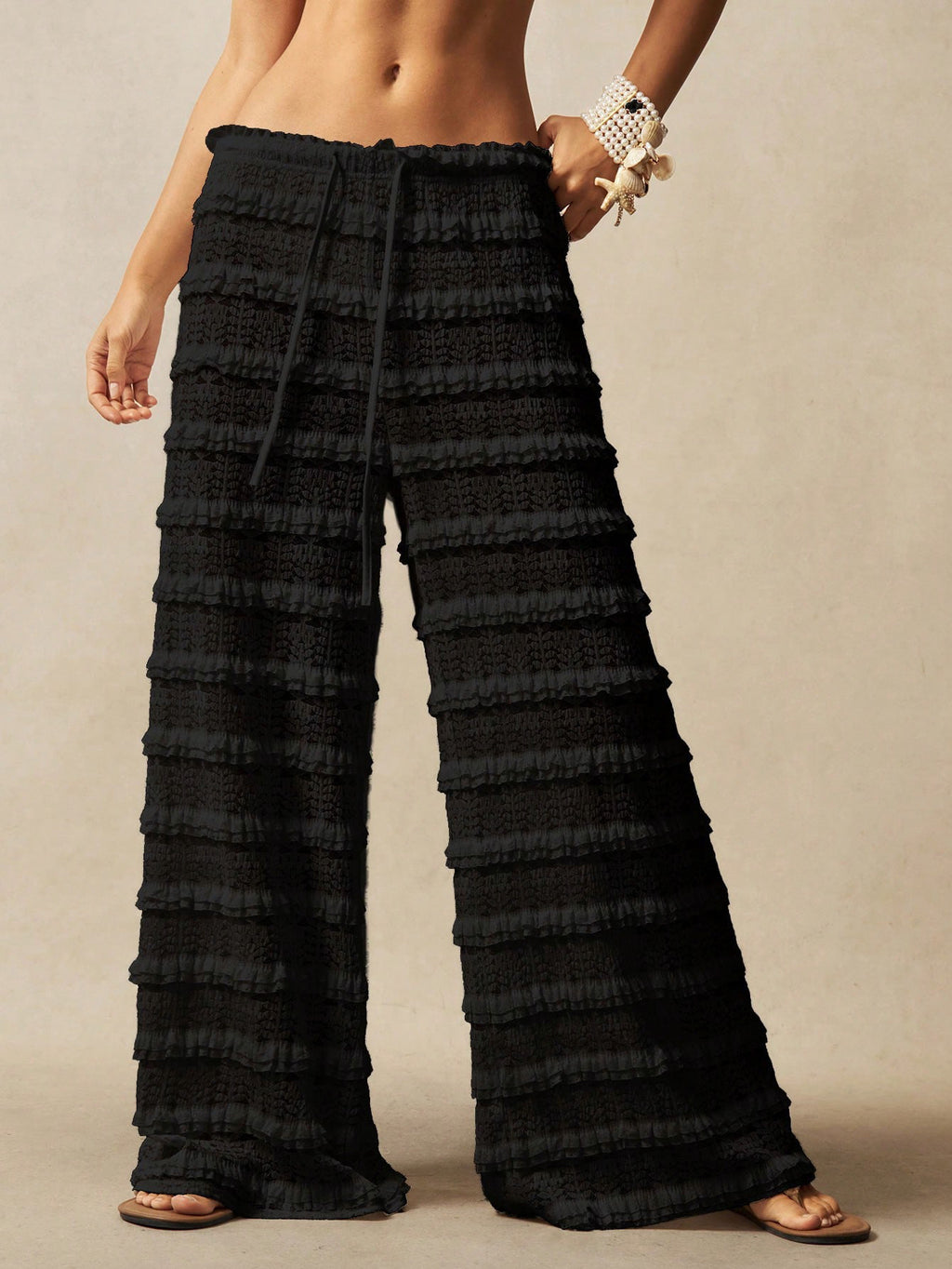 Streetwear Casual Solid Color Lace Jacquard Hollow-out Patchwork Tie-up Straight Leg Pants