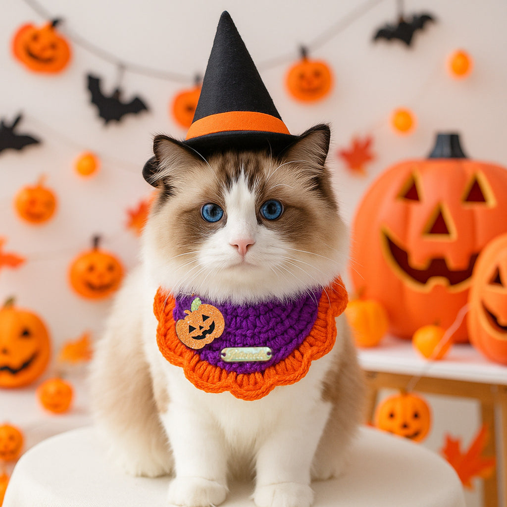 Pet Accessories Halloween Knit Gold Label Bandana Cat Dog Neck Scarf Ghost Festival Pumpkin Collar