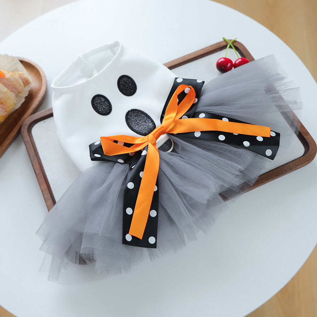 Ghost Face Ghost Polka Dot Bow Halloween Pet Tulle Dress for Maltese, Gray Mesh Festival Costume