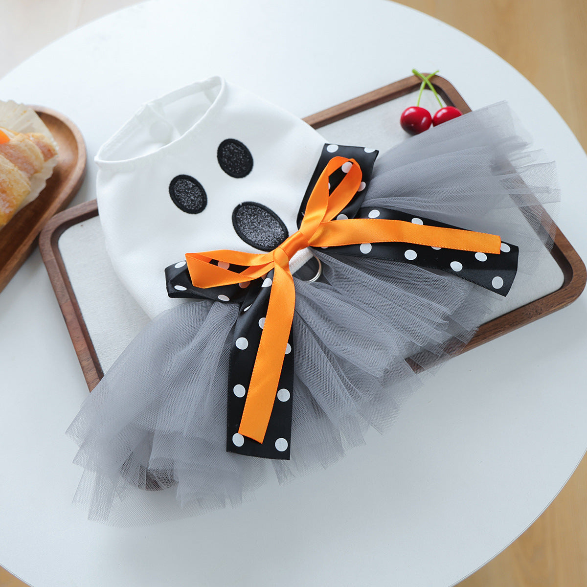 Ghost Face Ghost Polka Dot Bow Halloween Pet Tulle Dress for Maltese, Gray Mesh Festival Costume
