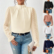 Top de Gasa con Cuello Alto y Patrón de Ondas — Manga Larga para Otoño - QueensalesOF