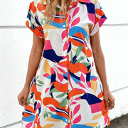 Summer New Fashion Colorful Floral Printed Open Front Short Sleeve Shirt Dress - QueensalesOF