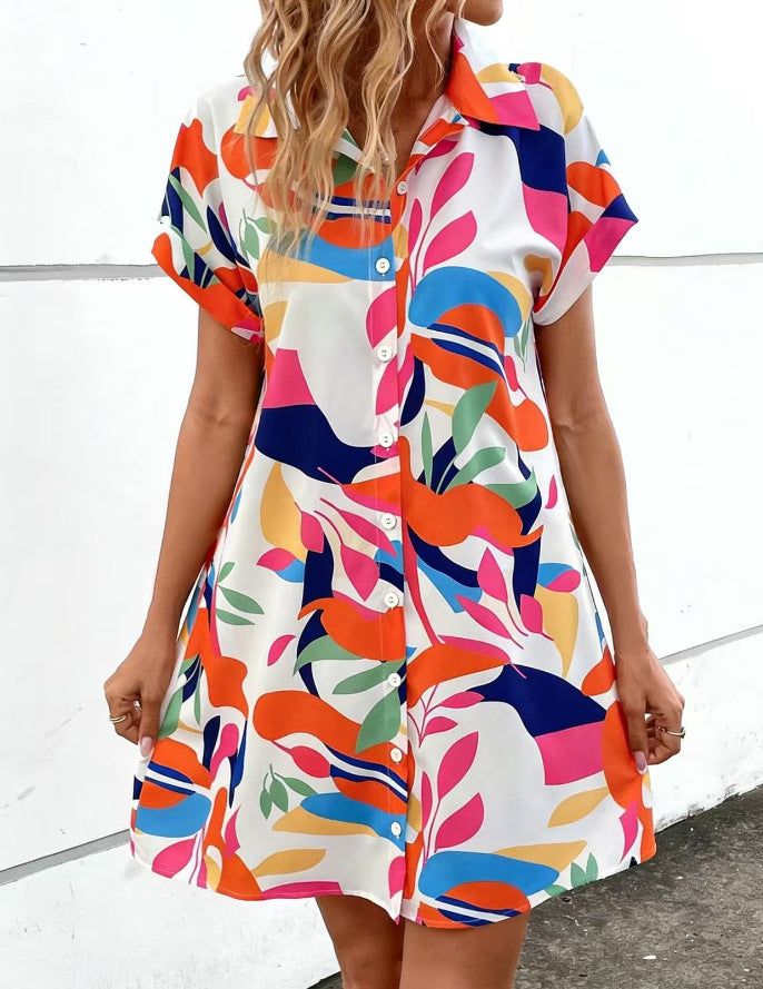 Summer New Fashion Colorful Floral Printed Open Front Short Sleeve Shirt Dress - QueensalesOF
