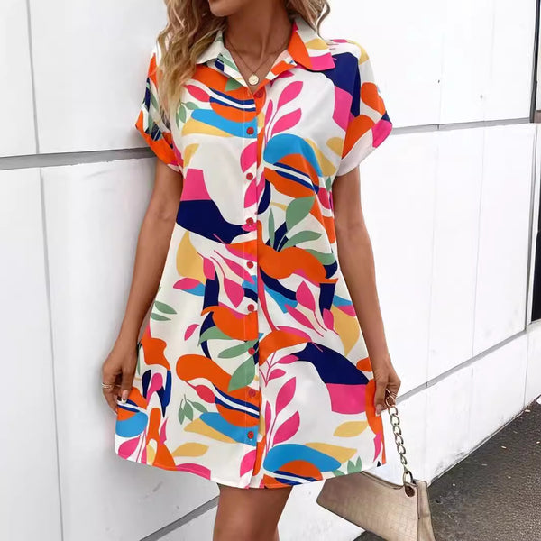Summer New Fashion Colorful Floral Printed Open Front Short Sleeve Shirt Dress - QueensalesOF