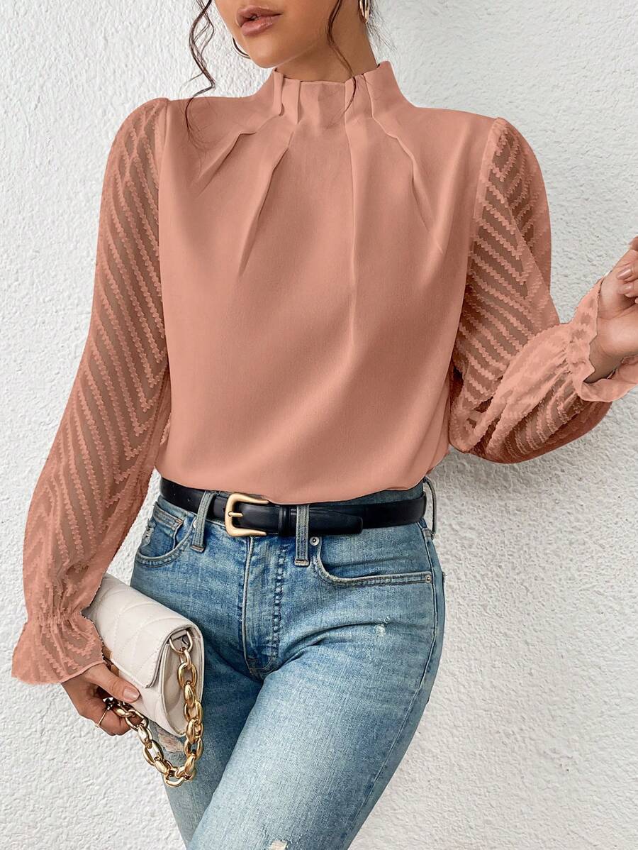 Top de Gasa con Cuello Alto y Patrón de Ondas — Manga Larga para Otoño - QueensalesOF