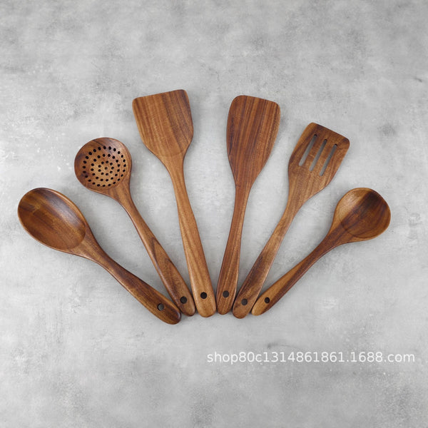 Teak Wood Six-Piece Set, Solid Wood, Environmentally Friendly, Does Not Damage Pots, Good Heat Insulation, Kitchen Functional Spoon and Spatula Set - QueensalesOF