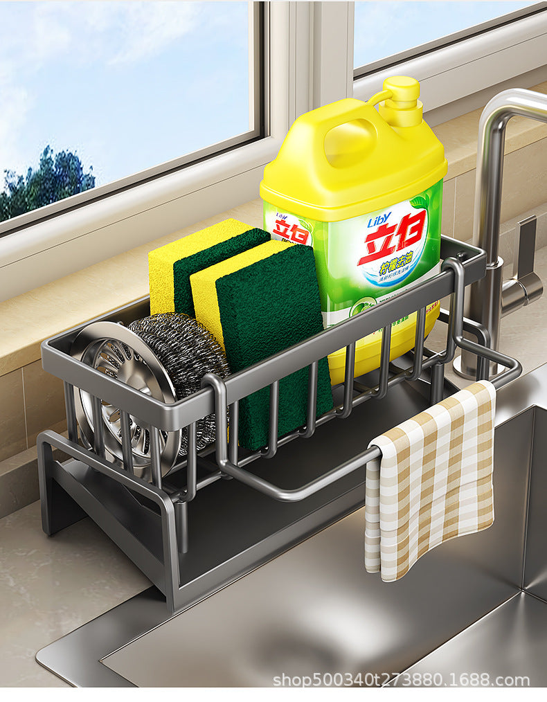 Kitchen Sink Drain Rack Faucet Multi-Purpose Drain Ventilation with Towel Bar Sponge Dishwashing Liquid Storage Rack
