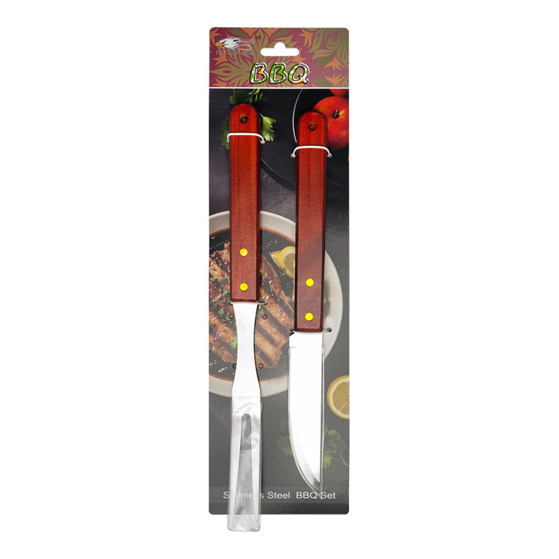 Outdoor camping barbecue tools combination stainless steel grill suit wooden handle fork shovel clip BBQ accessories cloth bag