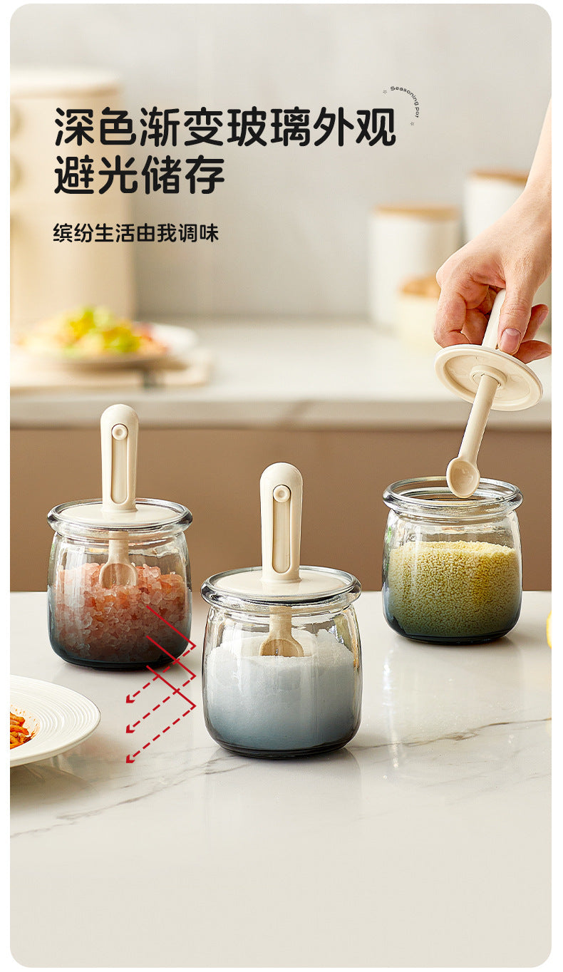 Retractable Seasoning Box Glass Kitchen Seasoning Jar Spoon Lid Integrated Monosodium Glutamate Seasoning Jar Household Salt Jar Seasoning Bottle suit