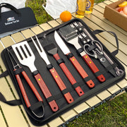 Outdoor camping barbecue tools combination stainless steel grill suit wooden handle fork shovel clip BBQ accessories cloth bag - QueensalesOF