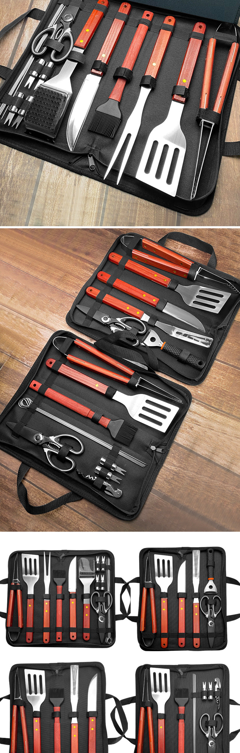 Outdoor camping barbecue tools combination stainless steel grill suit wooden handle fork shovel clip BBQ accessories cloth bag