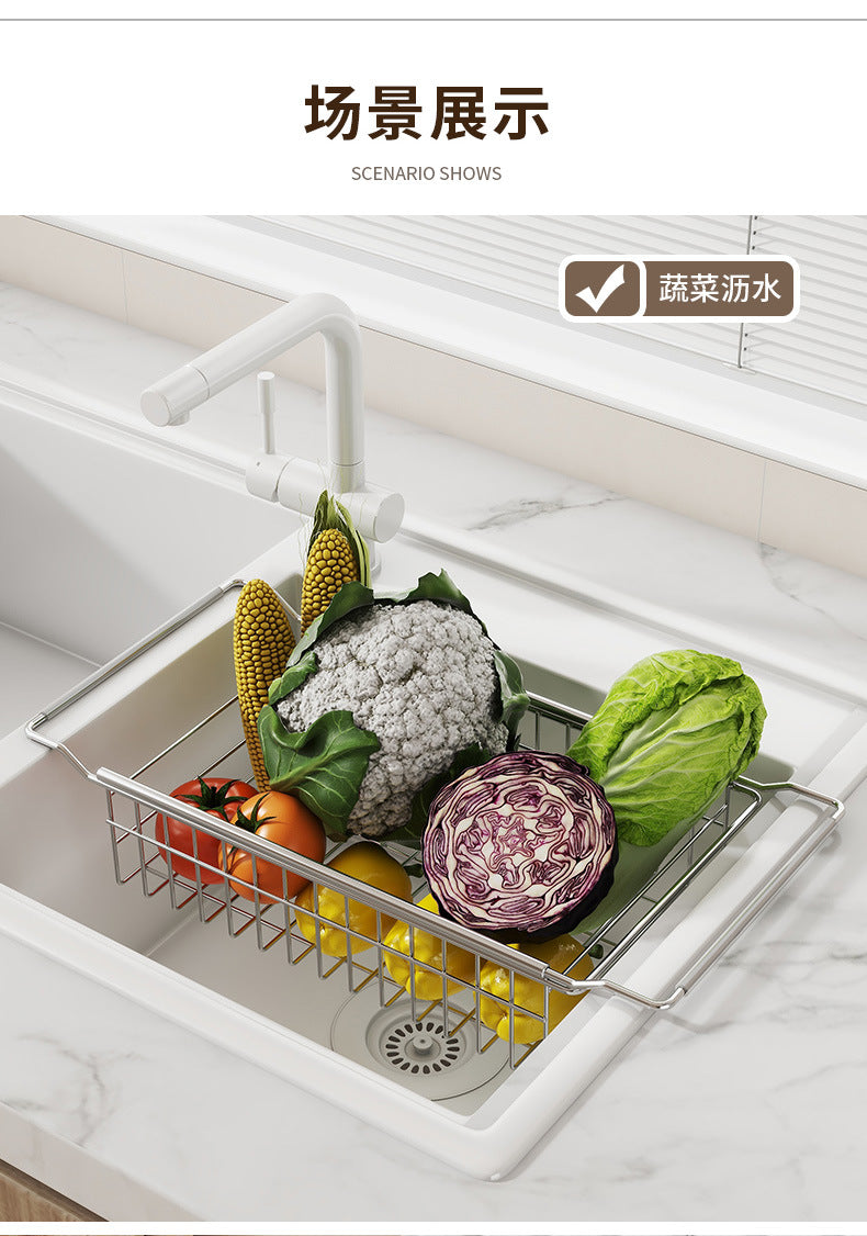 Stainless Steel Kitchen Telescopic Sink Rack Drying Bowl Chopsticks Wipe Household Dishes Multi-functional Storage Rack Cross-border