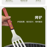 Outdoor camping barbecue tools combination stainless steel grill suit wooden handle fork shovel clip BBQ accessories cloth bag - QueensalesOF