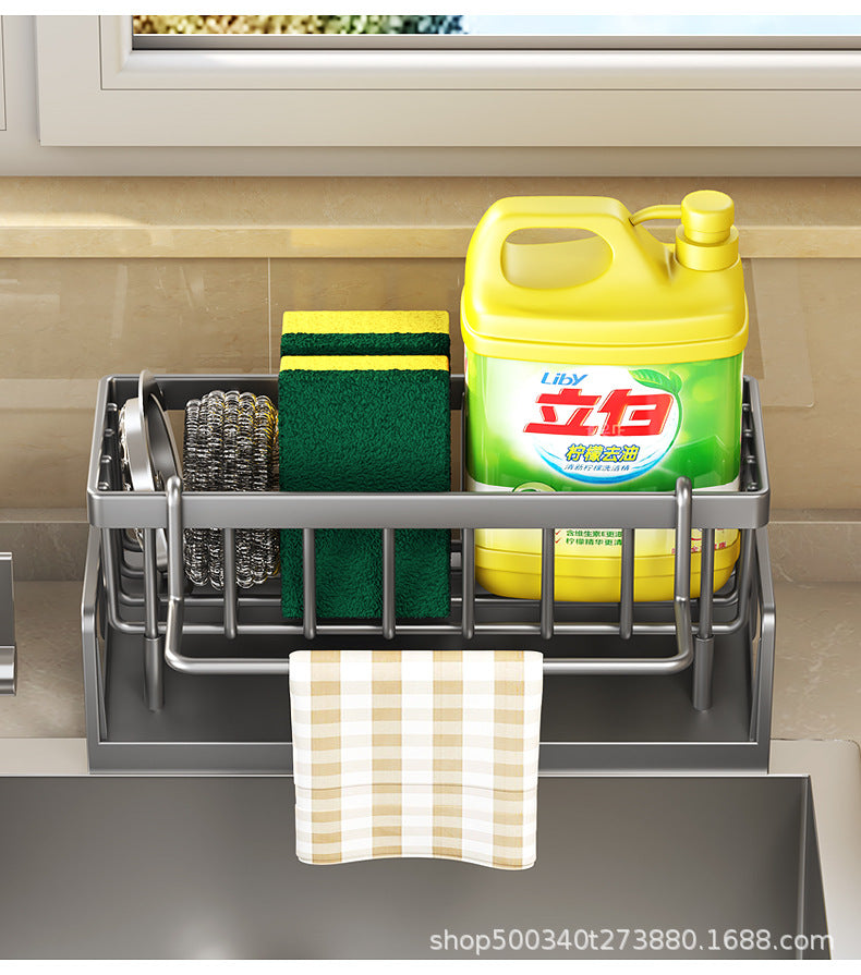 Kitchen Sink Drain Rack Faucet Multi-Purpose Drain Ventilation with Towel Bar Sponge Dishwashing Liquid Storage Rack
