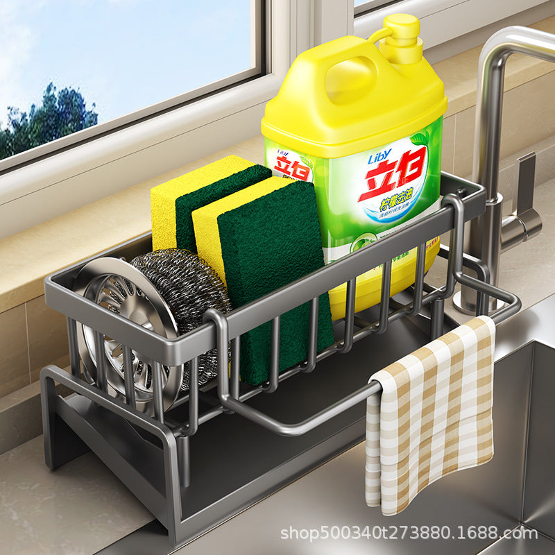 Kitchen Sink Drain Rack Faucet Multi-Purpose Drain Ventilation with Towel Bar Sponge Dishwashing Liquid Storage Rack
