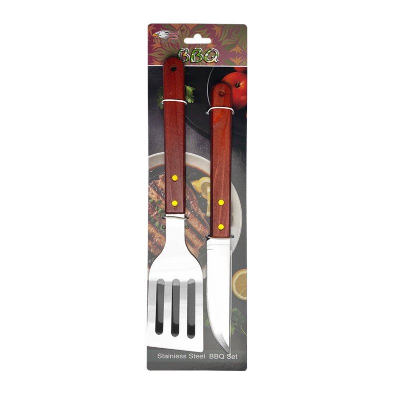 Outdoor camping barbecue tools combination stainless steel grill suit wooden handle fork shovel clip BBQ accessories cloth bag