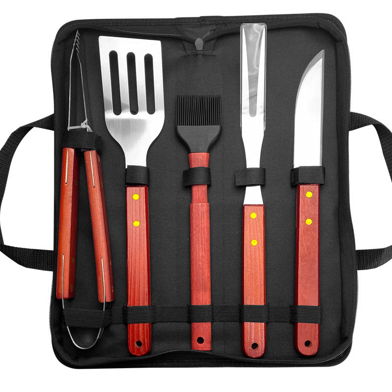 Outdoor camping barbecue tools combination stainless steel grill suit wooden handle fork shovel clip BBQ accessories cloth bag