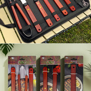 Outdoor camping barbecue tools combination stainless steel grill suit wooden handle fork shovel clip BBQ accessories cloth bag - QueensalesOF