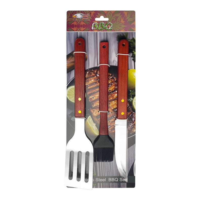 Outdoor camping barbecue tools combination stainless steel grill suit wooden handle fork shovel clip BBQ accessories cloth bag