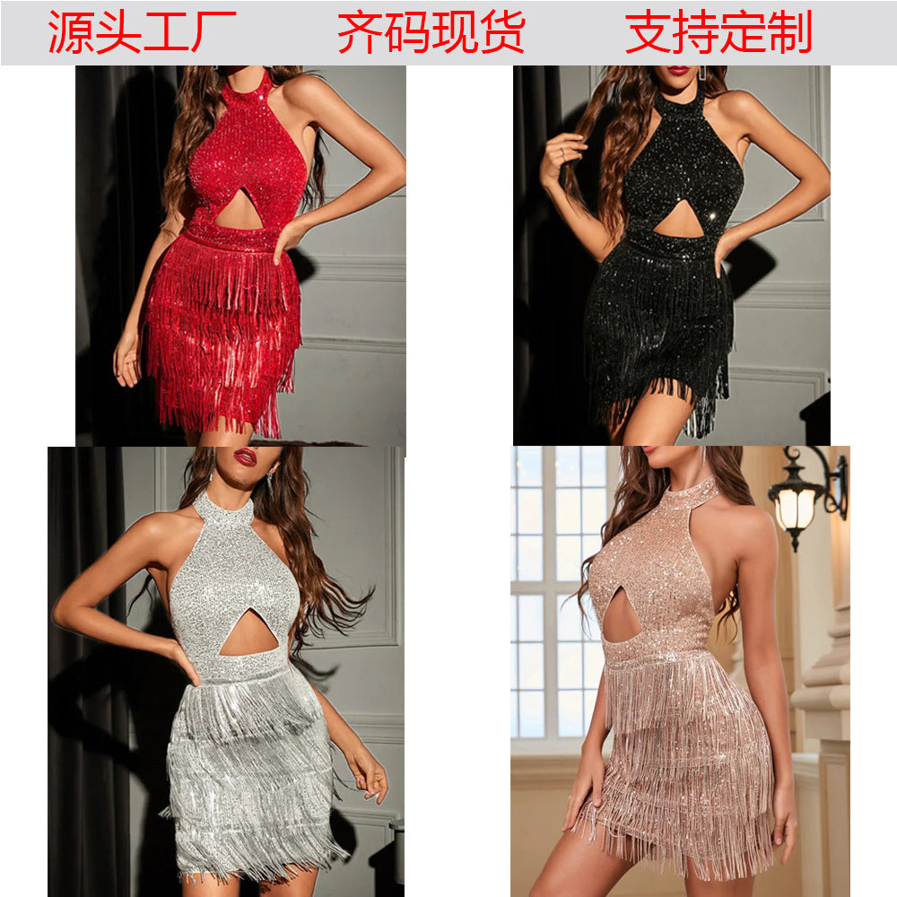 2025 European and American Export New Women's Clothing with Ebay Amazon Sexy Tassel Halterneck Backless Dress Short Skirt