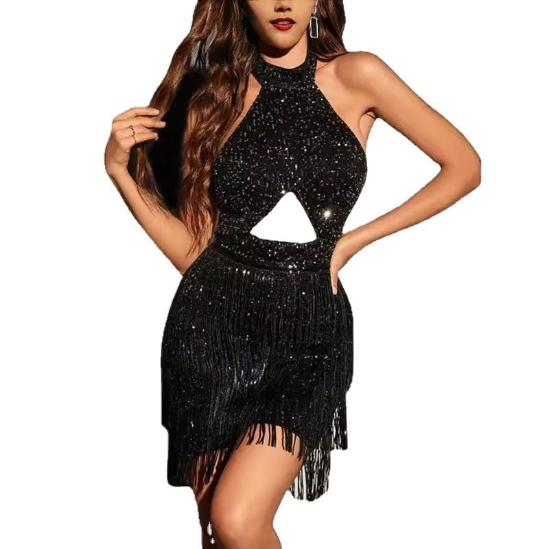 2025 European and American Export New Women's Clothing with Ebay Amazon Sexy Tassel Halterneck Backless Dress Short Skirt