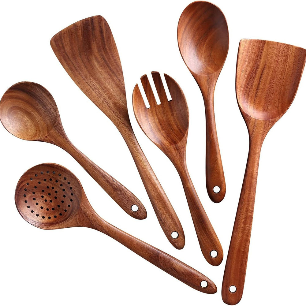 Teak Wood Six-Piece Set, Solid Wood, Environmentally Friendly, Does Not Damage Pots, Good Heat Insulation, Kitchen Functional Spoon and Spatula Set - QueensalesOF