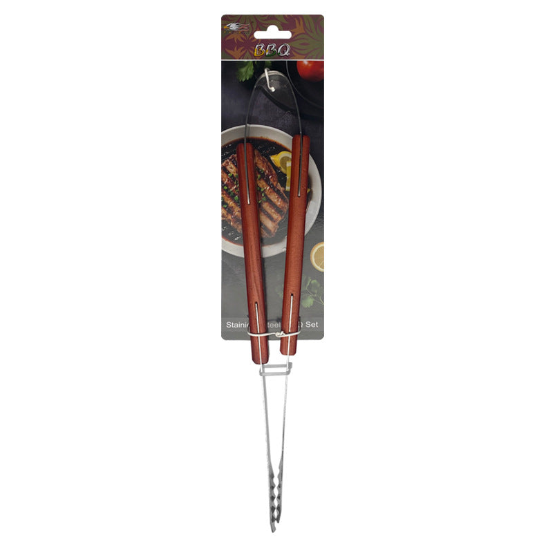 Outdoor camping barbecue tools combination stainless steel grill suit wooden handle fork shovel clip BBQ accessories cloth bag