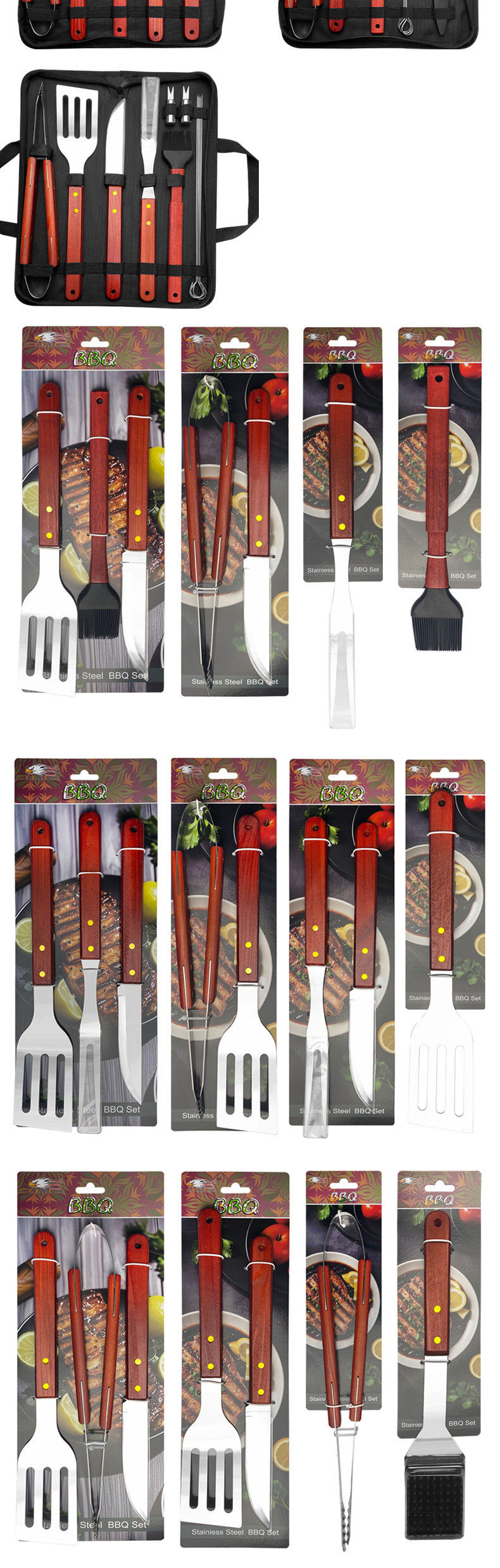 Outdoor camping barbecue tools combination stainless steel grill suit wooden handle fork shovel clip BBQ accessories cloth bag