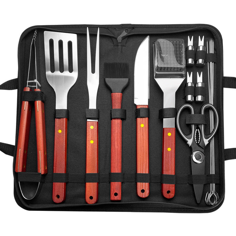 Outdoor camping barbecue tools combination stainless steel grill suit wooden handle fork shovel clip BBQ accessories cloth bag