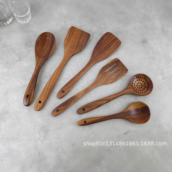 Teak Wood Six-Piece Set, Solid Wood, Environmentally Friendly, Does Not Damage Pots, Good Heat Insulation, Kitchen Functional Spoon and Spatula Set - QueensalesOF