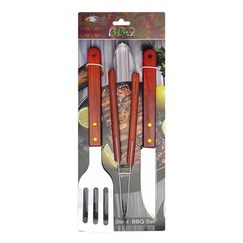 Outdoor camping barbecue tools combination stainless steel grill suit wooden handle fork shovel clip BBQ accessories cloth bag