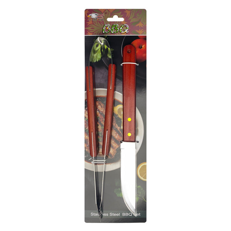 Outdoor camping barbecue tools combination stainless steel grill suit wooden handle fork shovel clip BBQ accessories cloth bag