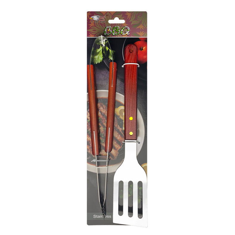 Outdoor camping barbecue tools combination stainless steel grill suit wooden handle fork shovel clip BBQ accessories cloth bag