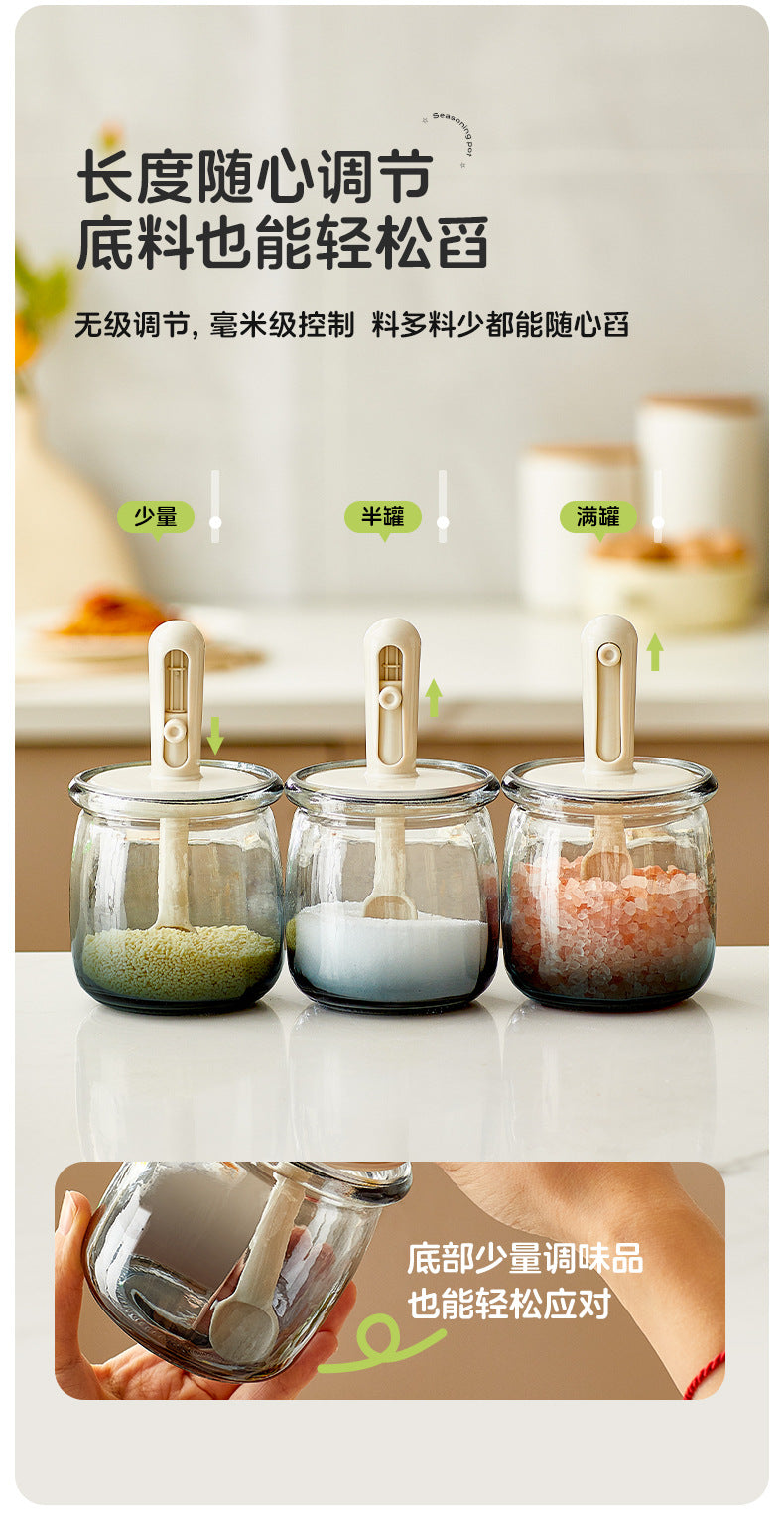 Retractable Seasoning Box Glass Kitchen Seasoning Jar Spoon Lid Integrated Monosodium Glutamate Seasoning Jar Household Salt Jar Seasoning Bottle suit